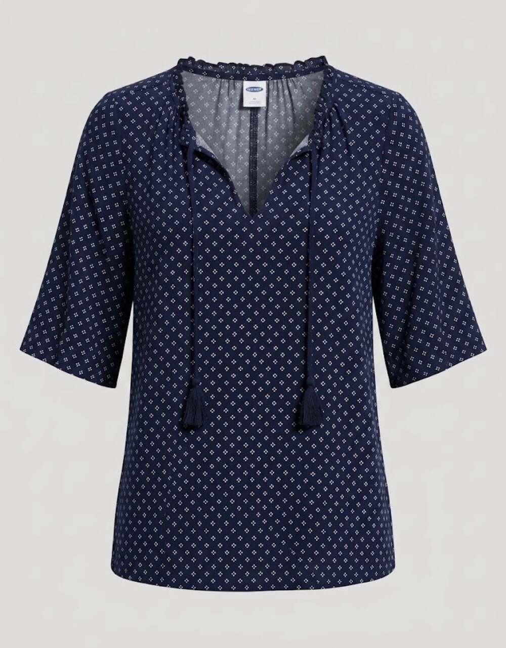 Old Navy Navy Blue White Printed Geometric V-Neck Tassel Tunic Top large